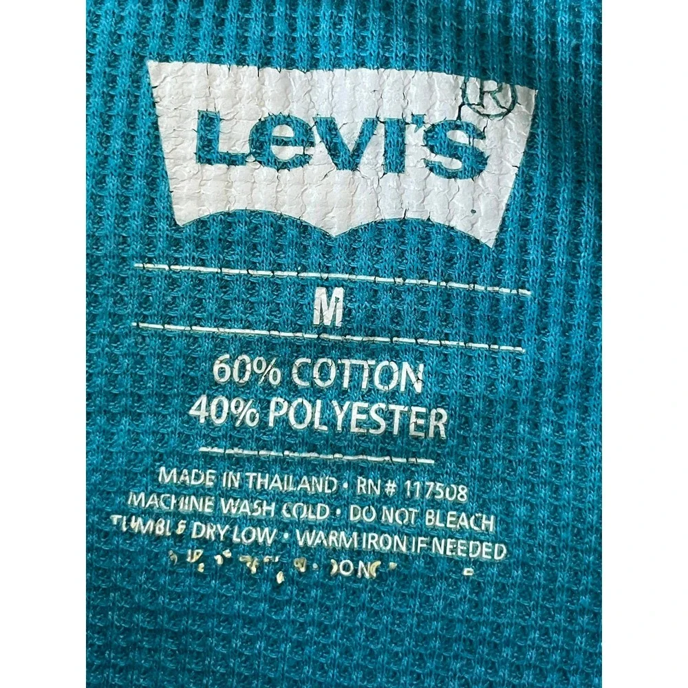 Levis Mens Medium Shirt Teal Waffle Knit Thermal Long Sleeve Crewneck Turquoise
